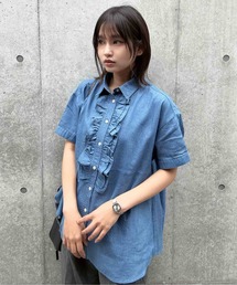 ◯ フロントフリル 半袖ロングシャツ
