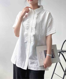 ◯ フロントフリル 半袖ロングシャツ