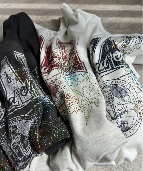 zena(ジェナ)の「ストーンデコ&カレッジプリントTee(Tシャツ/カットソー・レディース・オフホワイト/チャコールグレー/オートミール・フリー)」の5枚目の写真