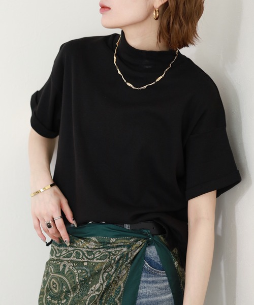 FUNALIVE(ファンアライブ)の「ハイネック半袖カットソー(Tシャツ/カットソー・レディース・ネイビー/ブラック/オフホワイト/チャコールグレー/グレイッシュベージュ・M~L/LL~3L)」の3枚目の写真