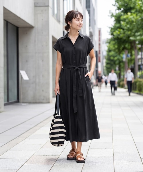 STYLE DELI(スタイルデリ)の「綿混ニュアンス質感シャツワンピース(ワンピース・レディース・ベージュ/ブラック・FREE)」の2枚目の写真