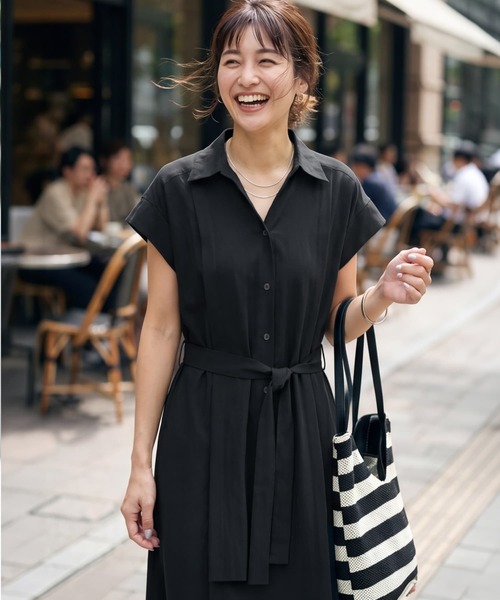 STYLE DELI(スタイルデリ)の「綿混ニュアンス質感シャツワンピース(ワンピース・レディース・ベージュ/ブラック・FREE)」の3枚目の写真