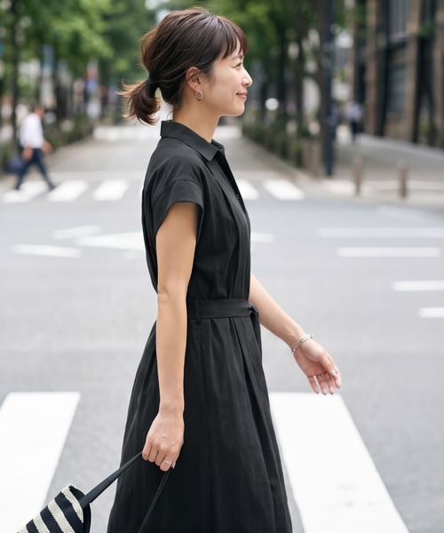 STYLE DELI(スタイルデリ)の「綿混ニュアンス質感シャツワンピース(ワンピース・レディース・ベージュ/ブラック・FREE)」の4枚目の写真