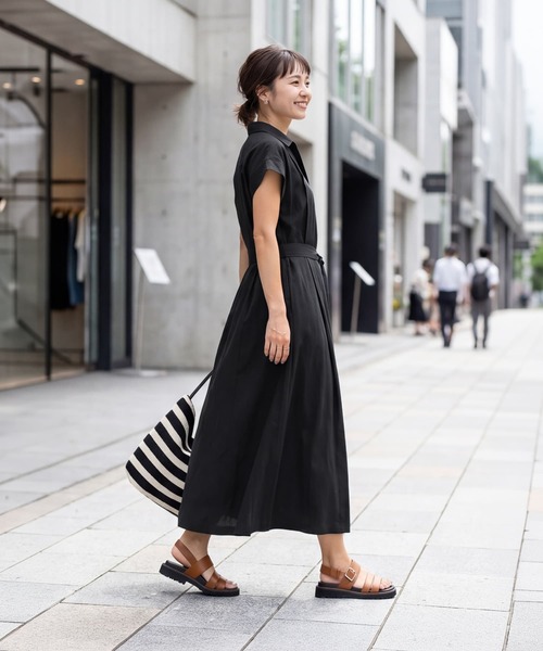 STYLE DELI(スタイルデリ)の「綿混ニュアンス質感シャツワンピース(ワンピース・レディース・ベージュ/ブラック・FREE)」の5枚目の写真