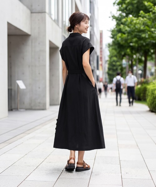 STYLE DELI(スタイルデリ)の「綿混ニュアンス質感シャツワンピース(ワンピース・レディース・ベージュ/ブラック・FREE)」の6枚目の写真