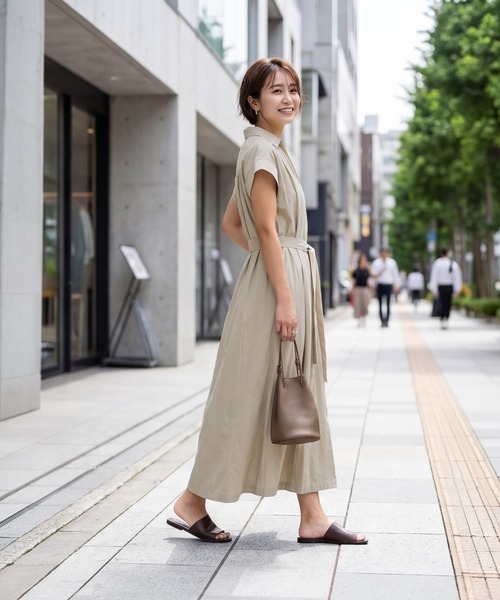 STYLE DELI(スタイルデリ)の「綿混ニュアンス質感シャツワンピース(ワンピース・レディース・ベージュ/ブラック・FREE)」の8枚目の写真