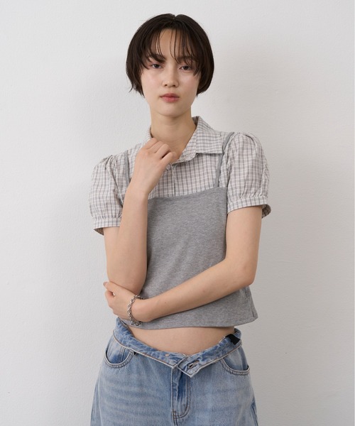 NUJOH(ヌゾ)の「Layered Bustier Check Top / レイヤードビスチェチェックトップ(シャツ/ブラウス・レディース・ライトブルー/ブラック/グレー・FREE)」の2枚目の写真
