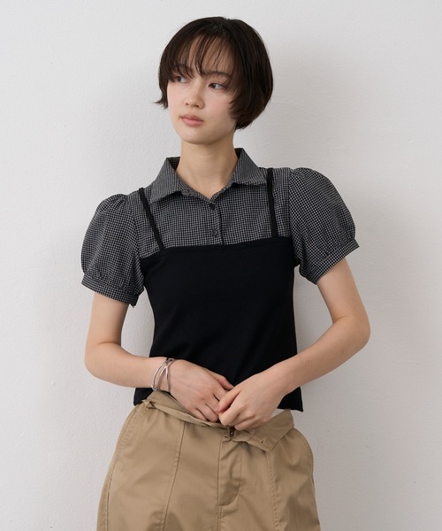 NUJOH(ヌゾ)の「Layered Bustier Check Top / レイヤードビスチェチェックトップ(シャツ/ブラウス・レディース・ライトブルー/ブラック/グレー・FREE)」の1枚目の写真