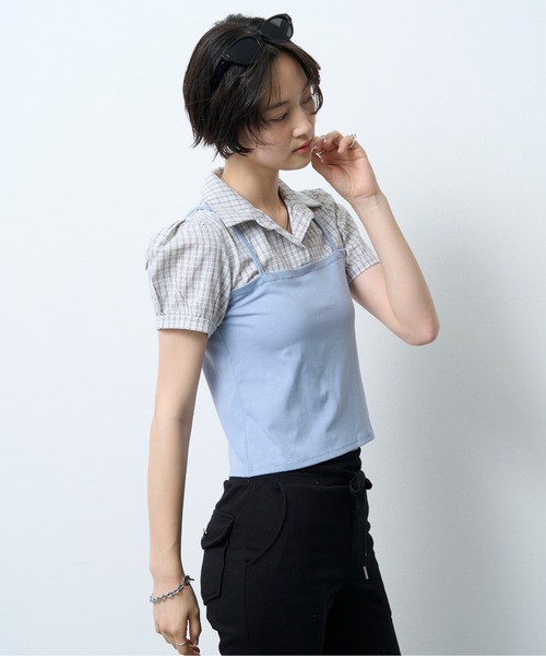 NUJOH(ヌゾ)の「Layered Bustier Check Top / レイヤードビスチェチェックトップ(シャツ/ブラウス・レディース・ライトブルー/ブラック/グレー・FREE)」の15枚目の写真