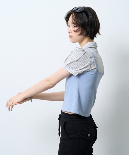 NUJOH(ヌゾ)の「Layered Bustier Check Top / レイヤードビスチェチェックトップ(シャツ/ブラウス・レディース・ライトブルー/ブラック/グレー・FREE)」の14枚目の写真