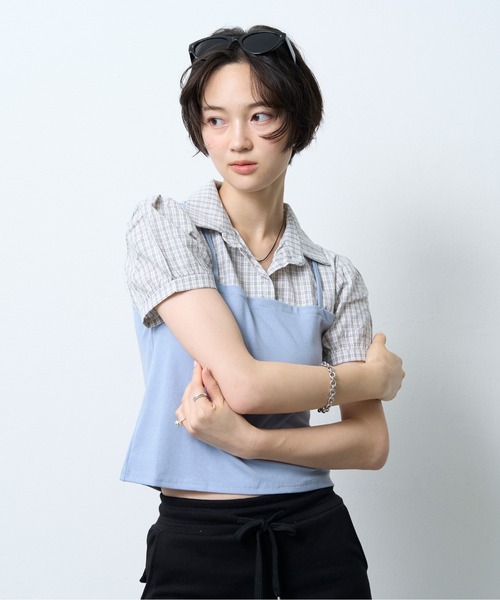 NUJOH(ヌゾ)の「Layered Bustier Check Top / レイヤードビスチェチェックトップ(シャツ/ブラウス・レディース・ライトブルー/ブラック/グレー・FREE)」の12枚目の写真