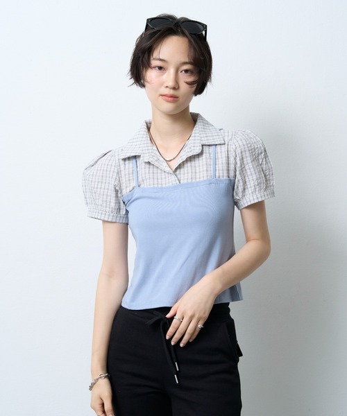 NUJOH(ヌゾ)の「Layered Bustier Check Top / レイヤードビスチェチェックトップ(シャツ/ブラウス・レディース・ライトブルー/ブラック/グレー・FREE)」の13枚目の写真