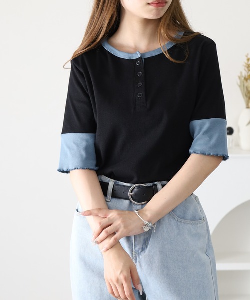 FUNALIVE(ファンアライブ)の「袖配色切替クールネックTシャツ 半端袖(Tシャツ/カットソー・レディース・ブラック/キナリ/ブルー・M/L)」の2枚目の写真
