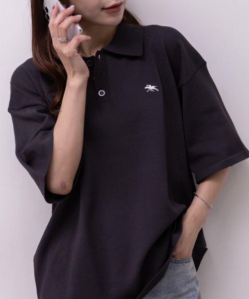 POLOCHAMPS（ポロチャンプス）の「POLOCHAMPS(ポロチャンプス)/ワンポイント刺繍 ポロシャツ 半端袖 オーバーFIT/POLOSHIRT（ポロシャツ・レディース・チャコールグレー/ネイビー/ベージュ/ブラック/ワインレッド・FREE）」の12枚目の写真