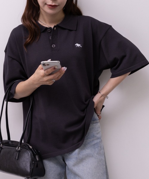 POLOCHAMPS（ポロチャンプス）の「POLOCHAMPS(ポロチャンプス)/ワンポイント刺繍 ポロシャツ 半端袖 オーバーFIT/POLOSHIRT（ポロシャツ・レディース・チャコールグレー/ネイビー/ベージュ/ブラック/ワインレッド・FREE）」の14枚目の写真