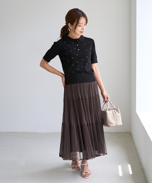 ROPE' PICNIC(ロペピクニック)の「ラインストーンハーフスリーブポロカラー(ニット/セーター・レディース・キナリ/ブラック/グレー・FREE)」の6枚目の写真
