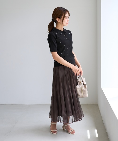 ROPE' PICNIC(ロペピクニック)の「ラインストーンハーフスリーブポロカラー(ニット/セーター・レディース・キナリ/ブラック/グレー・FREE)」の7枚目の写真