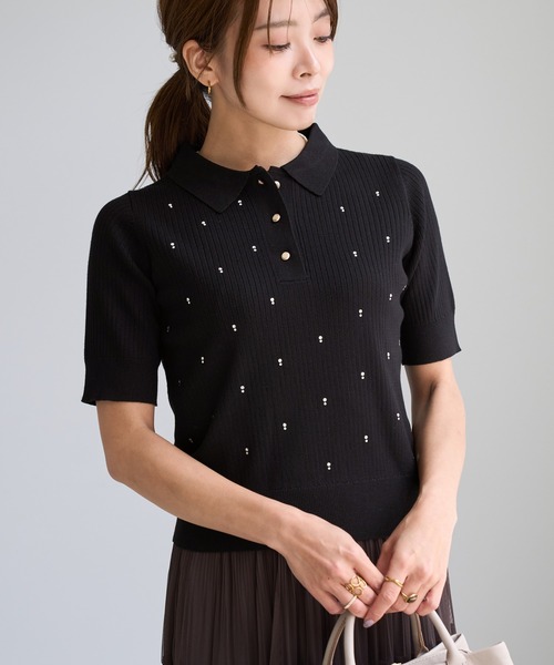 ROPE' PICNIC(ロペピクニック)の「ラインストーンハーフスリーブポロカラー(ニット/セーター・レディース・キナリ/ブラック/グレー・FREE)」の8枚目の写真