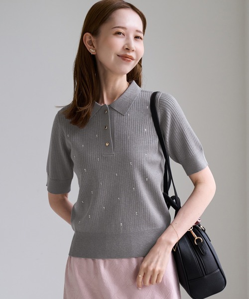 ROPE' PICNIC(ロペピクニック)の「ラインストーンハーフスリーブポロカラー(ニット/セーター・レディース・キナリ/ブラック/グレー・FREE)」の5枚目の写真