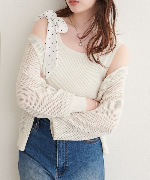 natural couture(ナチュラルクチュール)の「透かし編みラメニットカーディガン(カーディガン/ボレロ・レディース・ブラウン/ベージュ/サックスブルー/オフホワイト/ブラック・FREE)」の8枚目の写真