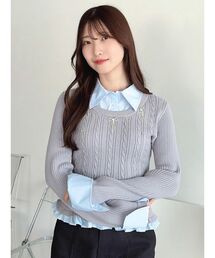 シャツレイヤードリボンビジューニット