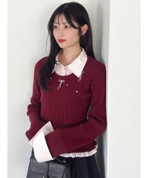 シャツレイヤードリボンビジューニット
