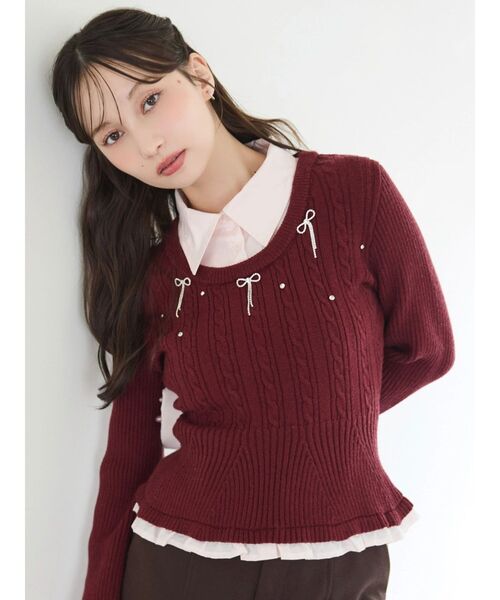 dazzlin(ダズリン)の「シャツレイヤードリボンビジューニット(ニット/セーター・レディース・ネイビー/グレー/ボルドー/オフホワイト・FREE)」の5枚目の写真