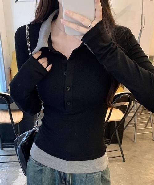 Teem Store(チームストア)の「配色レイヤード風 スリム長袖ポロシャツ(シャツ/ブラウス・レディース・ブラック・M)」の4枚目の写真