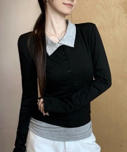 Teem Store(チームストア)の「配色レイヤード風 スリム長袖ポロシャツ(シャツ/ブラウス・レディース・ブラック・M)」の11枚目の写真