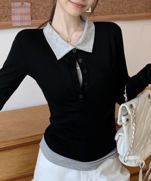Teem Store(チームストア)の「配色レイヤード風 スリム長袖ポロシャツ(シャツ/ブラウス・レディース・ブラック・M)」の12枚目の写真