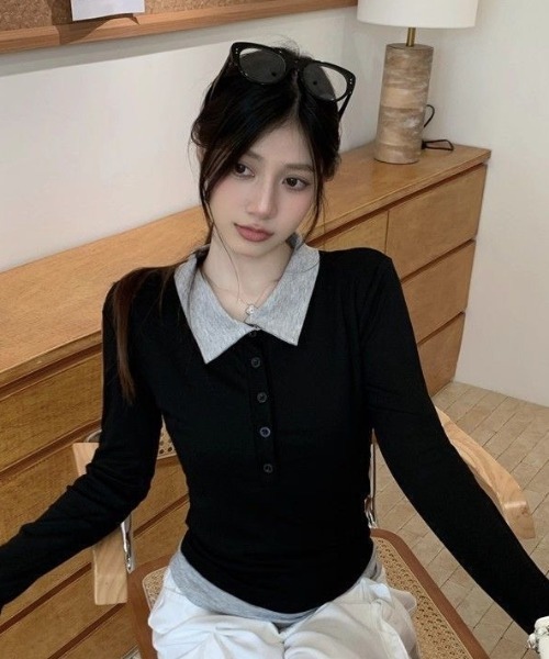 Teem Store(チームストア)の「配色レイヤード風 スリム長袖ポロシャツ(シャツ/ブラウス・レディース・ブラック・M)」の8枚目の写真