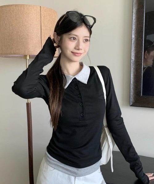 Teem Store(チームストア)の「配色レイヤード風 スリム長袖ポロシャツ(シャツ/ブラウス・レディース・ブラック・M)」の6枚目の写真