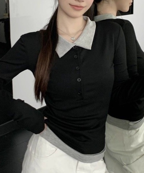 Teem Store(チームストア)の「配色レイヤード風 スリム長袖ポロシャツ(シャツ/ブラウス・レディース・ブラック・M)」の5枚目の写真