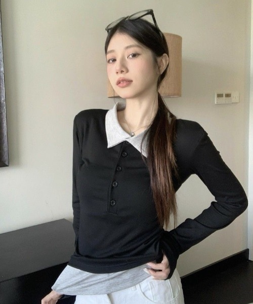 Teem Store(チームストア)の「配色レイヤード風 スリム長袖ポロシャツ(シャツ/ブラウス・レディース・ブラック・M)」の7枚目の写真