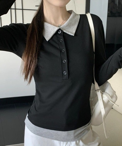 Teem Store(チームストア)の「配色レイヤード風 スリム長袖ポロシャツ(シャツ/ブラウス・レディース・ブラック・M)」の14枚目の写真