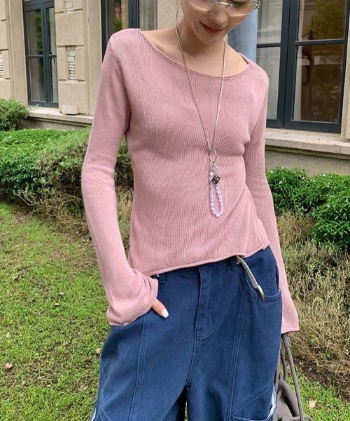 CHUN CHUN NOTES(チュンチュンノーツ)の「26AW/ボートネックフレアスリーブリブニットトップス(ニット/セーター・レディース・パープル/ピンク・F)」の5枚目の写真