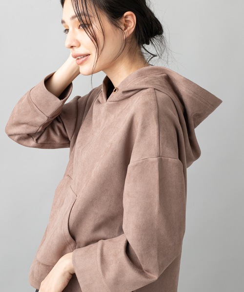 prose verse(プロズヴェール)の「エコスエードショートパーカー(パーカー・レディース・チャコールグレー/ブラウン/ピンク/アイボリー/ベージュ/ベビーピンク/ネイビー・フリ-)」の4枚目の写真