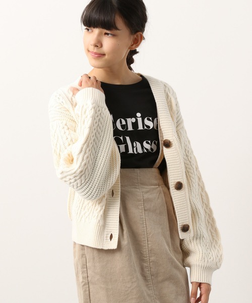 GLOBAL WORK（グローバルワーク）の「【ジュニア】袖ボリュームニットカーディガン/917384（カーディガン/ボレロ・キッズ・ダークブラウン/ライトグリーン/オフホワイト・160cm/150cm）」の2枚目の写真