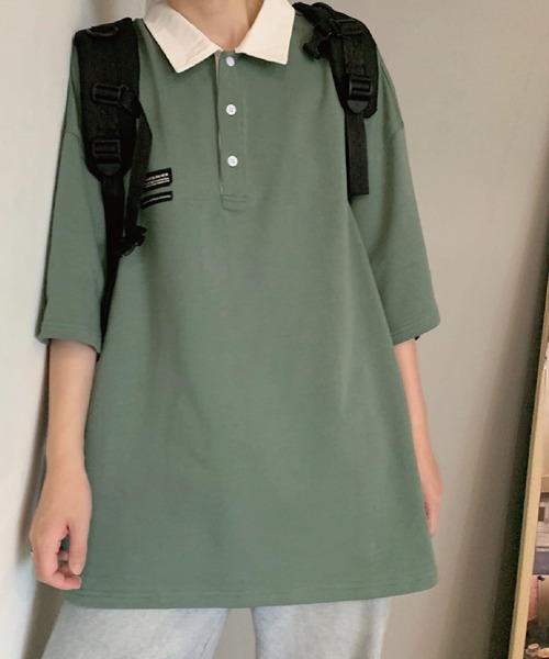 meJane（ミージェーン）の「BIGシルエット 襟配色ワンポイントパッチ半そでTシャツ（ポロシャツ・レディース・グリーン/ブルー/イエロー/オレンジ・FREE）」の14枚目の写真