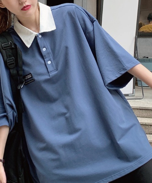 meJane（ミージェーン）の「BIGシルエット 襟配色ワンポイントパッチ半そでTシャツ（ポロシャツ・レディース・グリーン/ブルー/イエロー/オレンジ・FREE）」の11枚目の写真