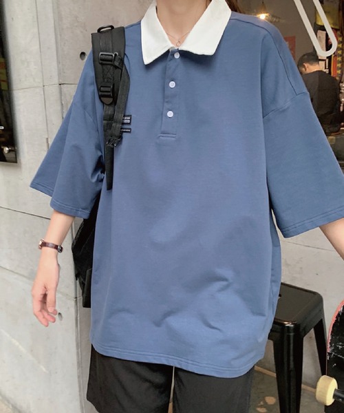 meJane（ミージェーン）の「BIGシルエット 襟配色ワンポイントパッチ半そでTシャツ（ポロシャツ・レディース・グリーン/ブルー/イエロー/オレンジ・FREE）」の8枚目の写真