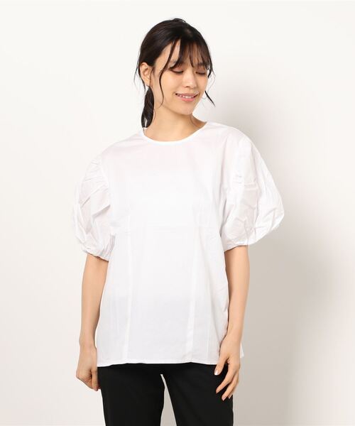 MAISON DE THERESE(メゾン ド テレーズ)の「半袖 バックジップパフスリーブブラウス(シャツ/ブラウス・レディース・ホワイト/ブルー・M)」の1枚目の写真