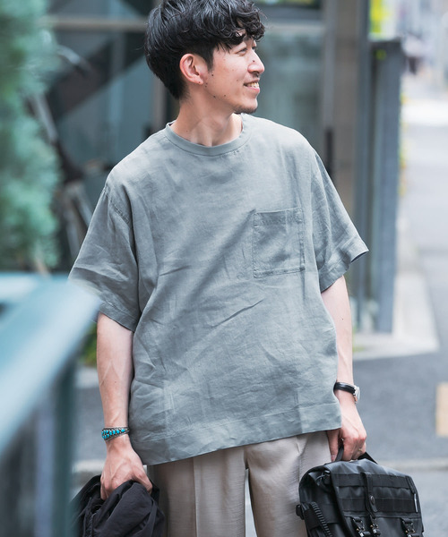 ITEMS URBANRESEARCH（アイテムズ アーバンリサーチ）の「リネンTシャツ（Tシャツ/カットソー・メンズ・ブラック/グリーン/ブルー/ベージュ・LARGE/MEDIUM）」の4枚目の写真