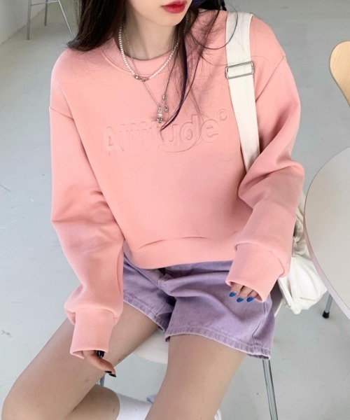 Diosfront（ディオスフロント）の「エンボス加工ショート丈ロゴロンTee（Tシャツ/カットソー・レディース・ホワイト/ライトブルー/グレー/ピンク/ブラック/ネイビー・M/L/XL）」の6枚目の写真