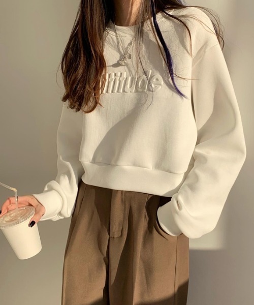 Diosfront（ディオスフロント）の「エンボス加工ショート丈ロゴロンTee（Tシャツ/カットソー・レディース・ホワイト/ライトブルー/グレー/ピンク/ブラック/ネイビー・M/L/XL）」の10枚目の写真