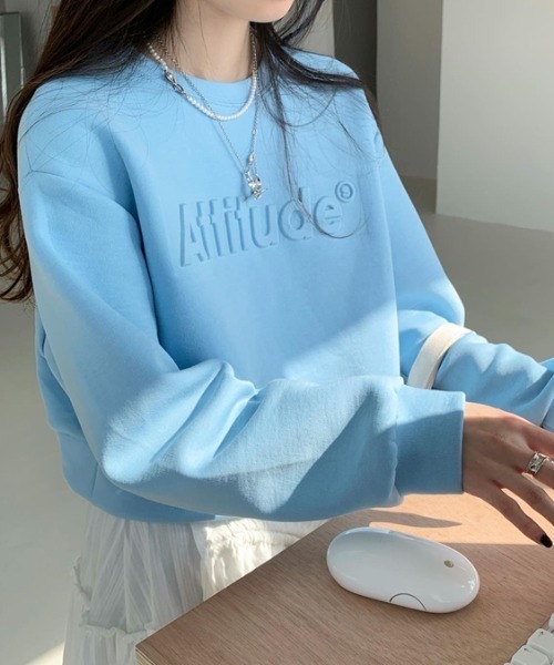 Diosfront（ディオスフロント）の「エンボス加工ショート丈ロゴロンTee（Tシャツ/カットソー・レディース・ホワイト/ライトブルー/グレー/ピンク/ブラック/ネイビー・M/L/XL）」の13枚目の写真