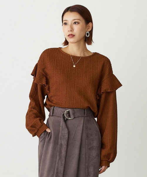 NICOLE white（ニコルホワイト）の「カットジャガード 袖フリルプルオーバー（Tシャツ/カットソー・レディース・グリーン/ブラウン/ブラック・FREE）」の3枚目の写真