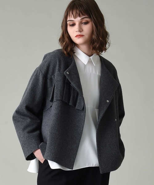 RAW FUDGE(ローファッジ)の「タタミフリルアシメジャケット(ノーカラーコート・レディース・チャコールグレー/ブラック/オフホワイト・M)」の3枚目の写真