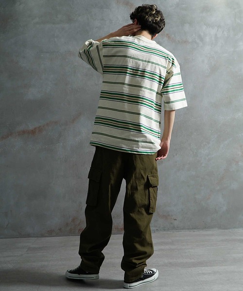 JOKER(ジョーカー)の「【JOKER】ビッグシルエット レトロ マルチボーダー ヘビーウェイト コットン 胸刺繍 春服 Tシャツ(Tシャツ/カットソー・メンズ・ホワイト/ブラック/グリーン・M/L)」の7枚目の写真