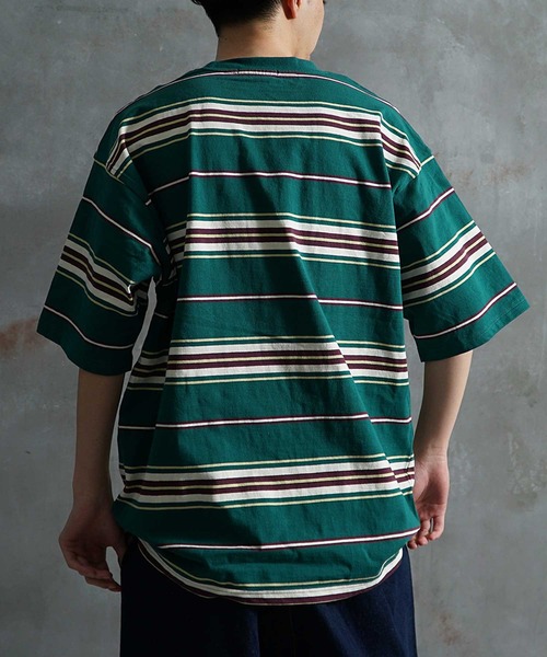 JOKER(ジョーカー)の「【JOKER】ビッグシルエット レトロ マルチボーダー ヘビーウェイト コットン 胸刺繍 春服 Tシャツ(Tシャツ/カットソー・メンズ・ホワイト/ブラック/グリーン・M/L)」の9枚目の写真